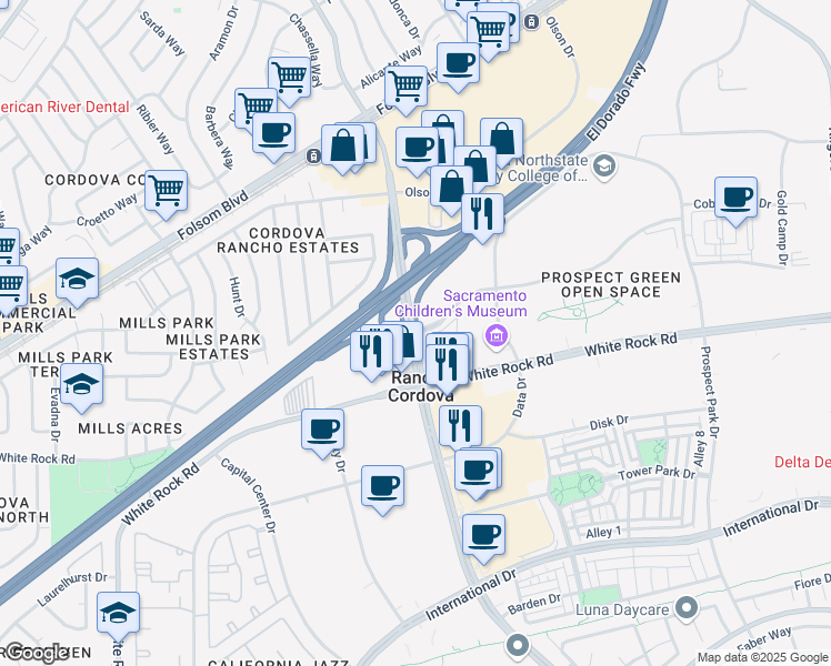 map of restaurants, bars, coffee shops, grocery stores, and more near Zinfandel Drive in Rancho Cordova