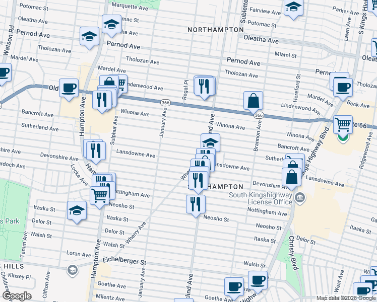map of restaurants, bars, coffee shops, grocery stores, and more near 5507 Lansdowne Avenue in St. Louis