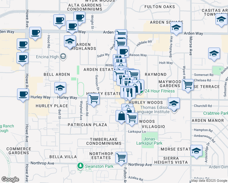 map of restaurants, bars, coffee shops, grocery stores, and more near 2501 Hurley Way in Sacramento