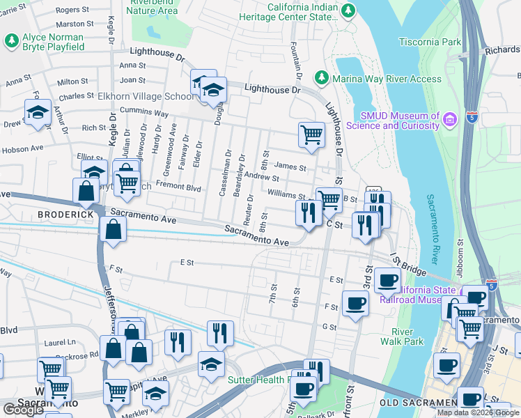 map of restaurants, bars, coffee shops, grocery stores, and more near 652 California Street in West Sacramento
