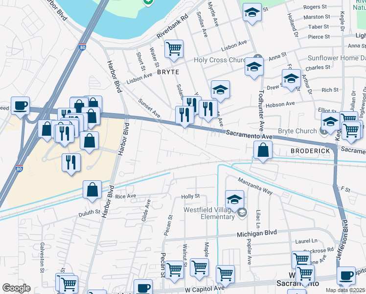 map of restaurants, bars, coffee shops, grocery stores, and more near 1633 Citrus Street in West Sacramento