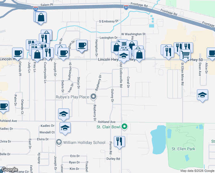 map of restaurants, bars, coffee shops, grocery stores, and more near 920 Holliday Drive in Fairview Heights