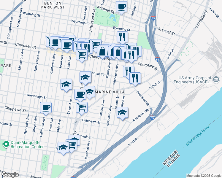 map of restaurants, bars, coffee shops, grocery stores, and more near in St. Louis