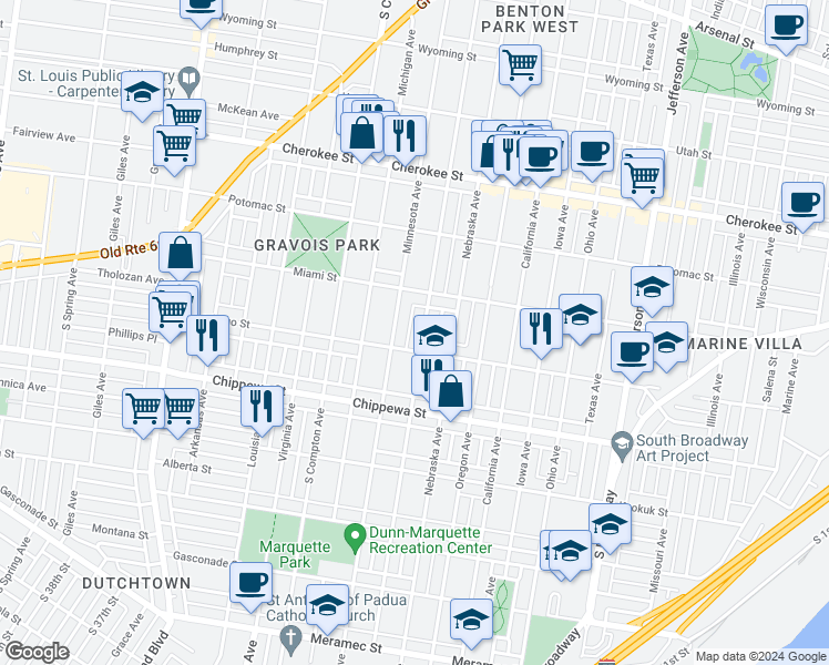 map of restaurants, bars, coffee shops, grocery stores, and more near 3662 Minnesota Avenue in St. Louis