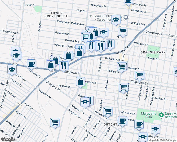 map of restaurants, bars, coffee shops, grocery stores, and more near 3820 Chippewa Street in St. Louis