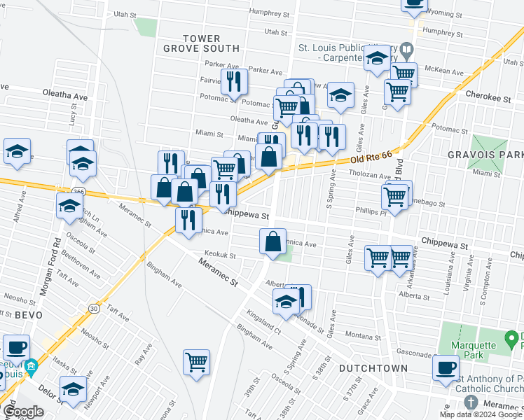 map of restaurants, bars, coffee shops, grocery stores, and more near 3803 Gustine Avenue in St. Louis
