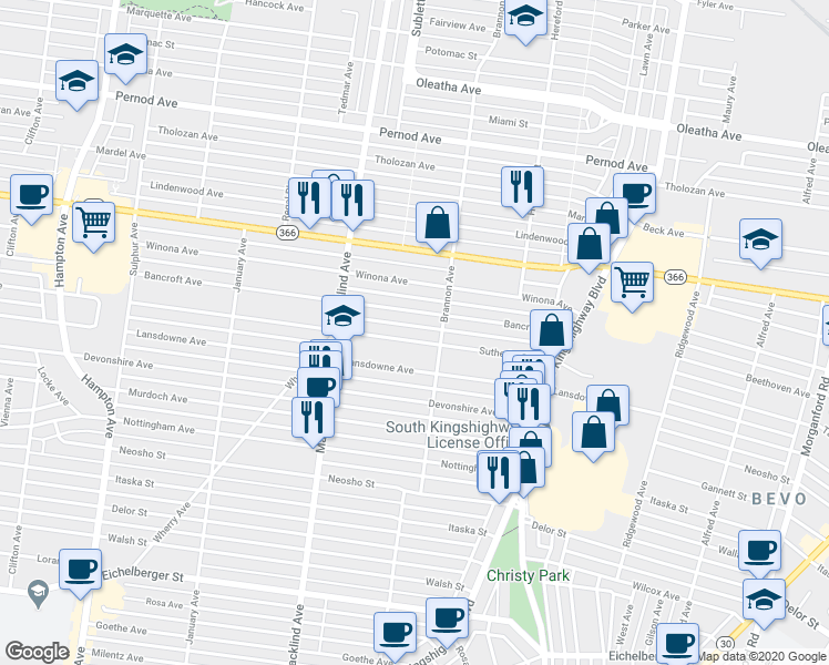 map of restaurants, bars, coffee shops, grocery stores, and more near 5216 Sutherland Avenue in St. Louis