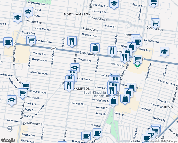 map of restaurants, bars, coffee shops, grocery stores, and more near 5216 Sutherland Avenue in St. Louis