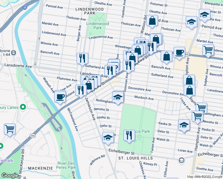 map of restaurants, bars, coffee shops, grocery stores, and more near 6630 Devonshire Avenue in St. Louis