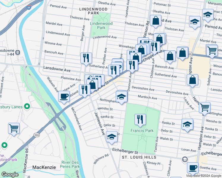 map of restaurants, bars, coffee shops, grocery stores, and more near 6630 Devonshire Avenue in St. Louis