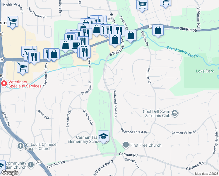 map of restaurants, bars, coffee shops, grocery stores, and more near 411 Redwood Forest Drive in Ballwin