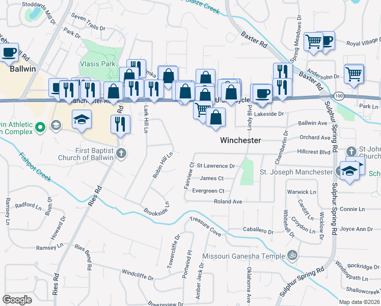 map of restaurants, bars, coffee shops, grocery stores, and more near 333 Fairview Court in Ballwin