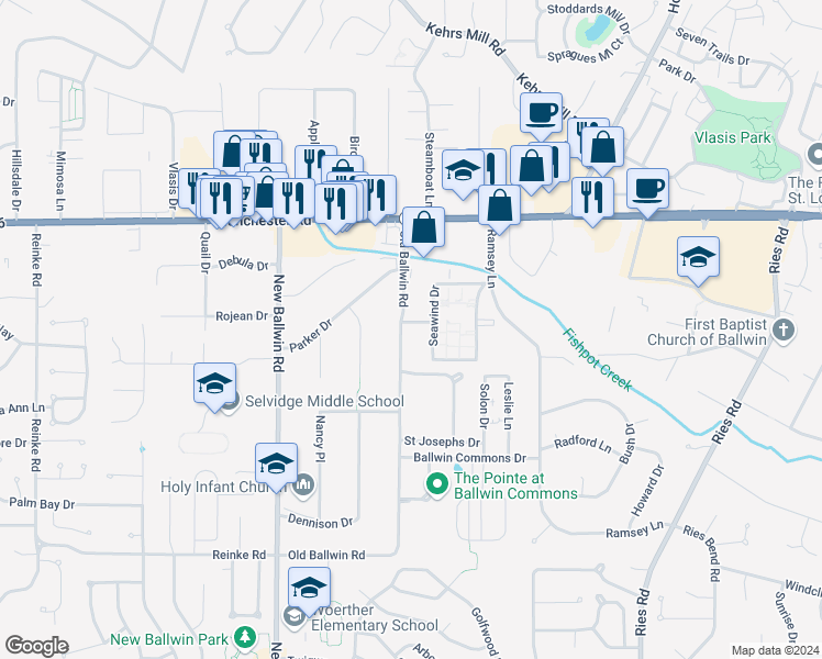 map of restaurants, bars, coffee shops, grocery stores, and more near 140 Old Ballwin Road in Ballwin
