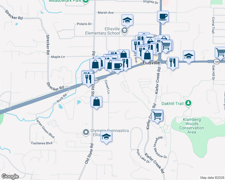 map of restaurants, bars, coffee shops, grocery stores, and more near 55 Covert Lane in Ellisville