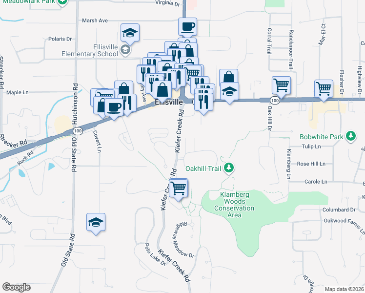map of restaurants, bars, coffee shops, grocery stores, and more near 109 Carmel Woods Drive in Ellisville