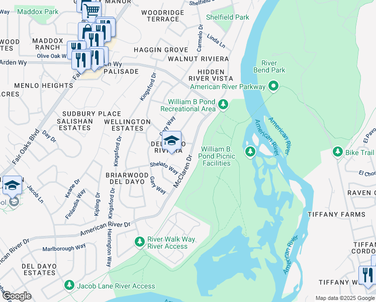 map of restaurants, bars, coffee shops, grocery stores, and more near 1342 McClaren Drive in Carmichael