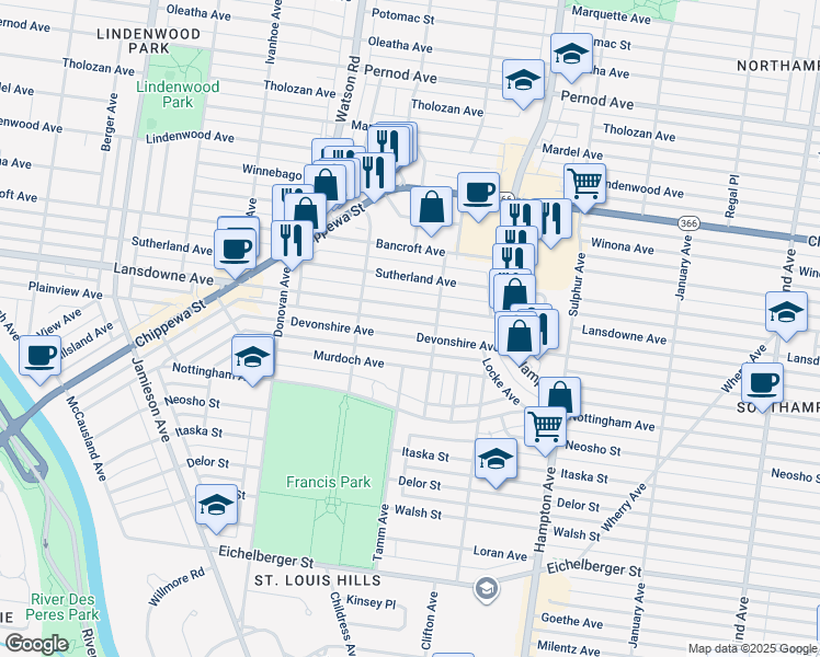 map of restaurants, bars, coffee shops, grocery stores, and more near 6328 Devonshire Avenue in St. Louis
