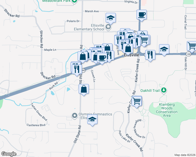 map of restaurants, bars, coffee shops, grocery stores, and more near 55 Covert Lane in Ellisville