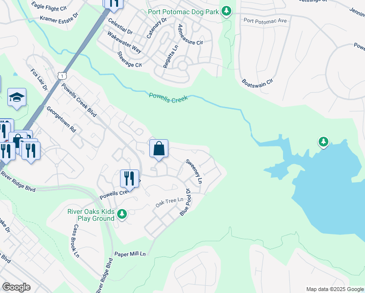 map of restaurants, bars, coffee shops, grocery stores, and more near 2580 Sylvan Moor Lane in Woodbridge