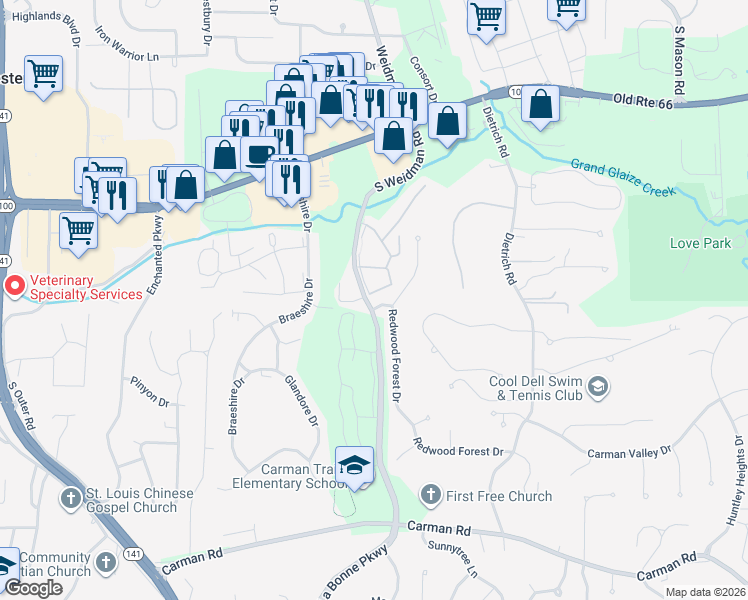 map of restaurants, bars, coffee shops, grocery stores, and more near 411 Redwood Forest Drive in Ballwin