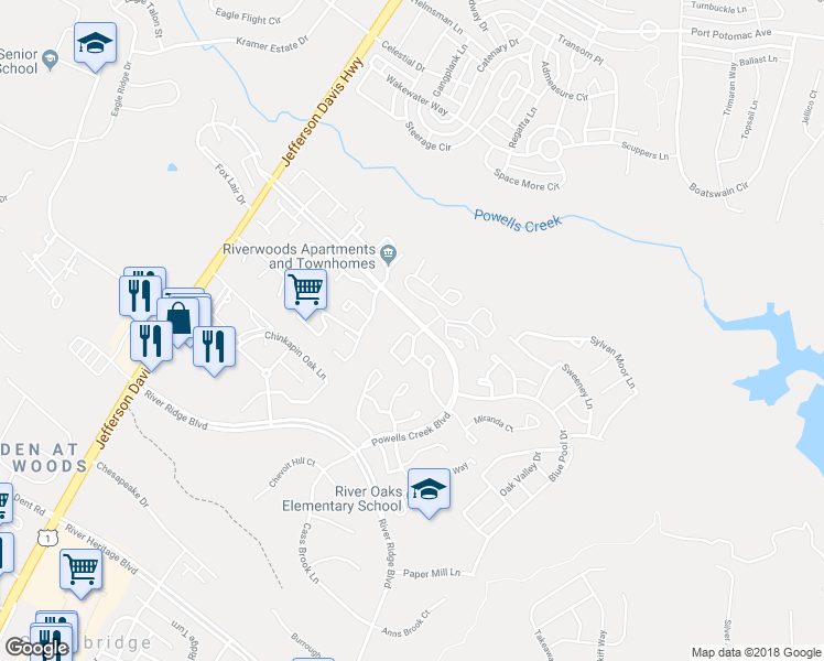 map of restaurants, bars, coffee shops, grocery stores, and more near 2708 Brier Pond Circle in Woodbridge