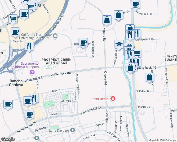 map of restaurants, bars, coffee shops, grocery stores, and more near 11060 White Rock Road in Rancho Cordova