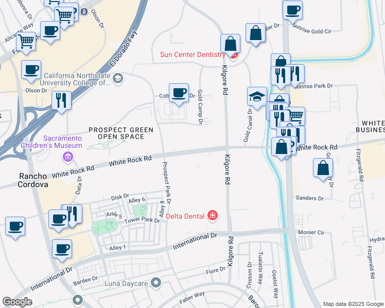 map of restaurants, bars, coffee shops, grocery stores, and more near 11070 White Rock Road in Rancho Cordova