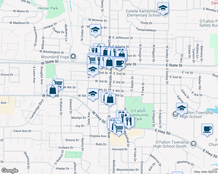 map of restaurants, bars, coffee shops, grocery stores, and more near 111 West 4th Street in O'Fallon