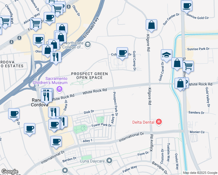 map of restaurants, bars, coffee shops, grocery stores, and more near 11010 White Rock Road in Rancho Cordova