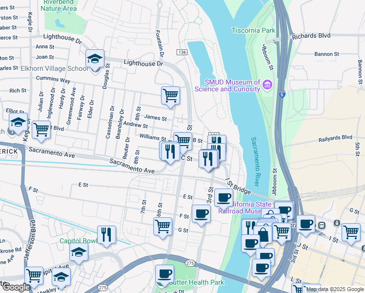map of restaurants, bars, coffee shops, grocery stores, and more near 500 C Street in West Sacramento