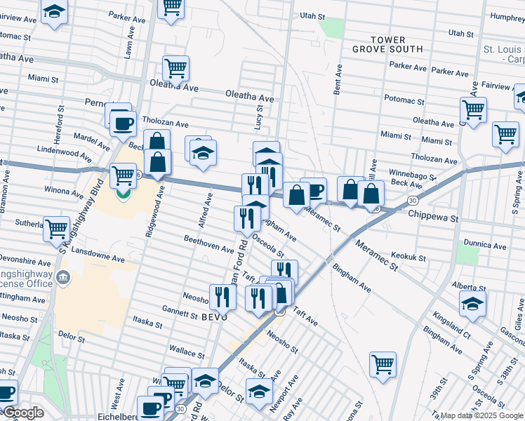 map of restaurants, bars, coffee shops, grocery stores, and more near 4300 Morgan Ford Road in St. Louis
