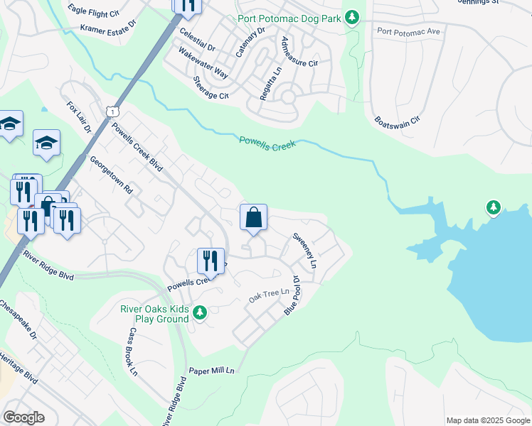 map of restaurants, bars, coffee shops, grocery stores, and more near 2610 Grayton Ln in Woodbridge