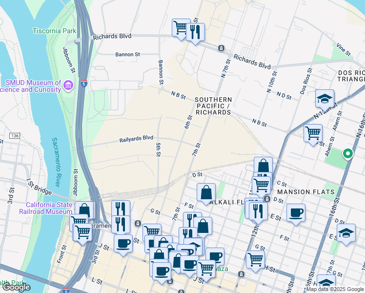 map of restaurants, bars, coffee shops, grocery stores, and more near 251 6th Street in Sacramento