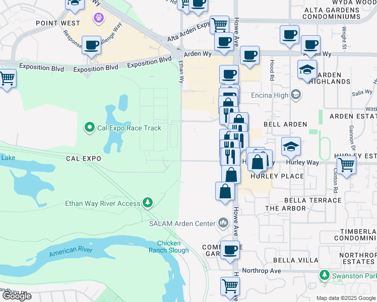 map of restaurants, bars, coffee shops, grocery stores, and more near 1300 Ethan Way in Sacramento
