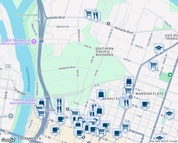 map of restaurants, bars, coffee shops, grocery stores, and more near 7th Street in Sacramento