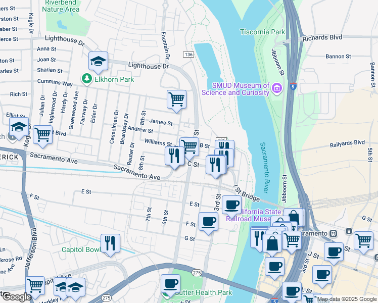 map of restaurants, bars, coffee shops, grocery stores, and more near 500 C Street in West Sacramento