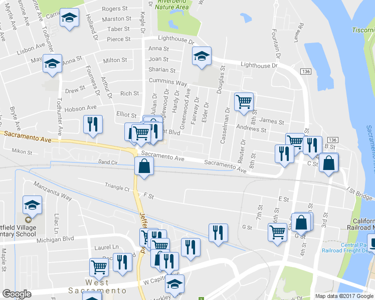 map of restaurants, bars, coffee shops, grocery stores, and more near 850 Sacramento Avenue in West Sacramento