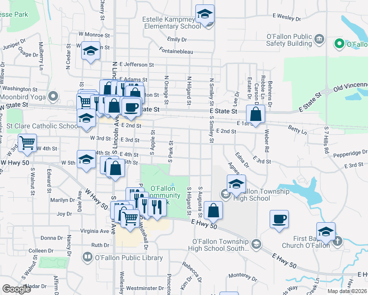 map of restaurants, bars, coffee shops, grocery stores, and more near 408 East 4th Street in O'Fallon