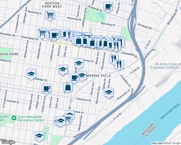 map of restaurants, bars, coffee shops, grocery stores, and more near 2120 Miami Street in St. Louis
