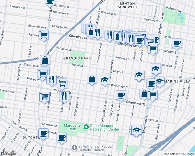 map of restaurants, bars, coffee shops, grocery stores, and more near 3662 Minnesota Avenue in St. Louis