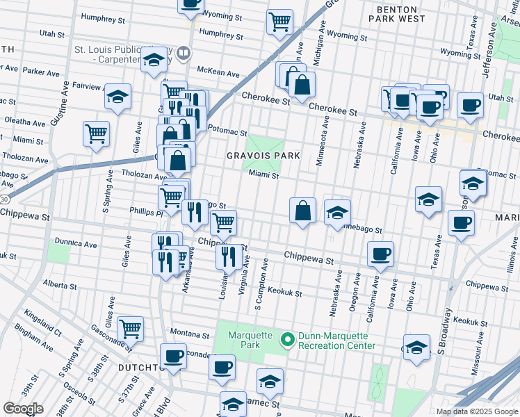 map of restaurants, bars, coffee shops, grocery stores, and more near 3715 South Compton Avenue in St. Louis
