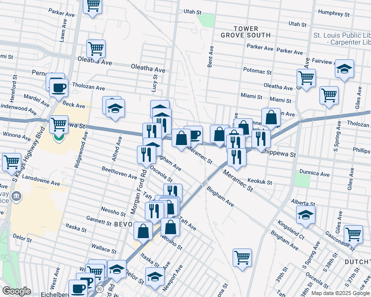 map of restaurants, bars, coffee shops, grocery stores, and more near 4168 Meramec Street in St. Louis