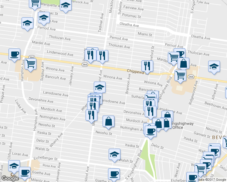map of restaurants, bars, coffee shops, grocery stores, and more near 5300 Sutherland Avenue in St. Louis