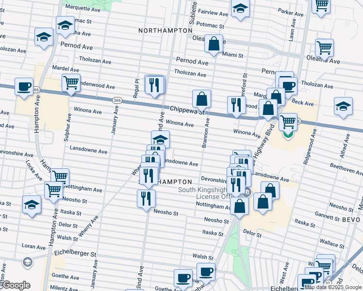 map of restaurants, bars, coffee shops, grocery stores, and more near 5300 Sutherland Avenue in St. Louis
