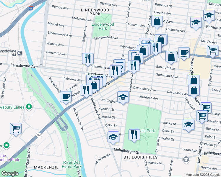 map of restaurants, bars, coffee shops, grocery stores, and more near 6630 Devonshire Avenue in St. Louis