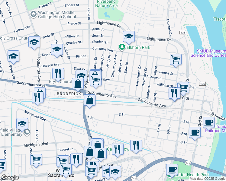 map of restaurants, bars, coffee shops, grocery stores, and more near 850 Sacramento Avenue in West Sacramento
