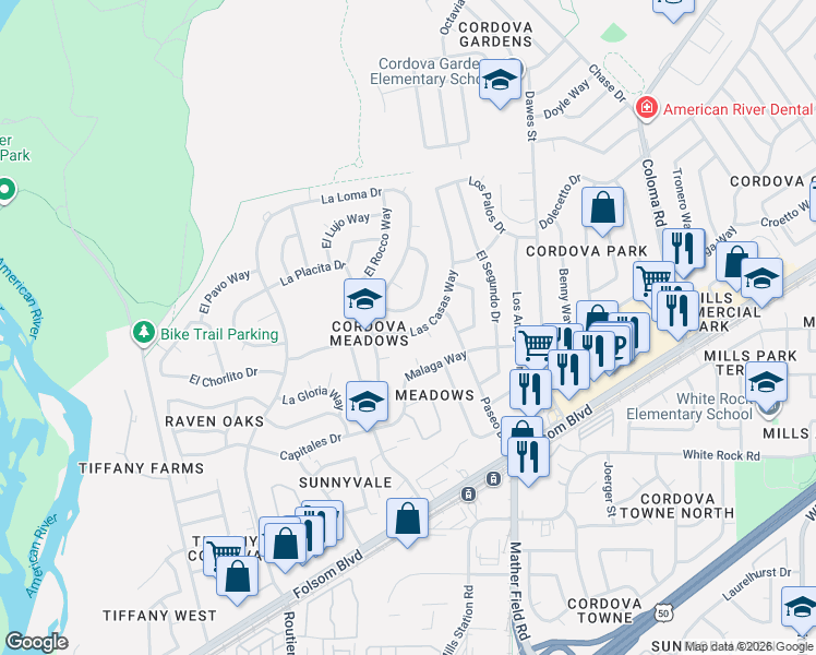 map of restaurants, bars, coffee shops, grocery stores, and more near 10209 Las Tunas Court in Rancho Cordova