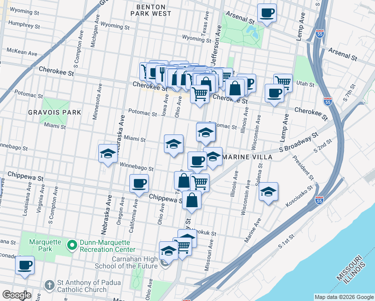 map of restaurants, bars, coffee shops, grocery stores, and more near 3600 Texas Avenue in St. Louis