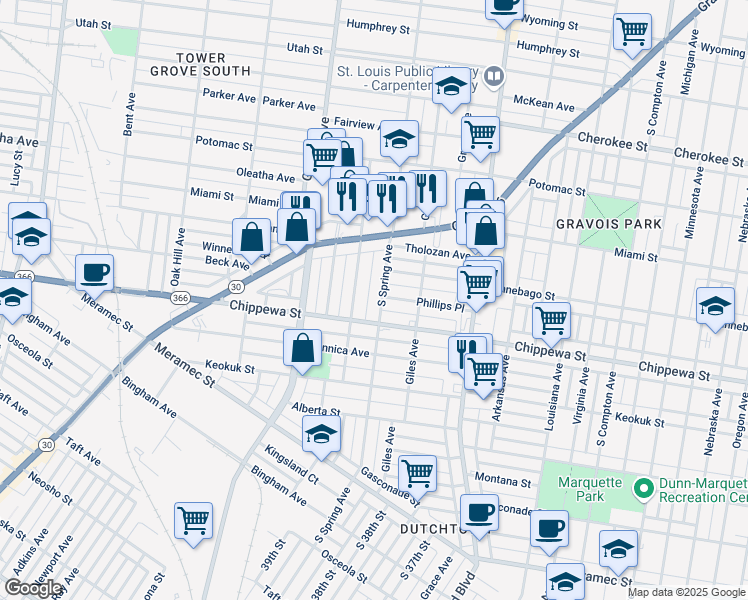 map of restaurants, bars, coffee shops, grocery stores, and more near 3749 Chippewa Street in St. Louis