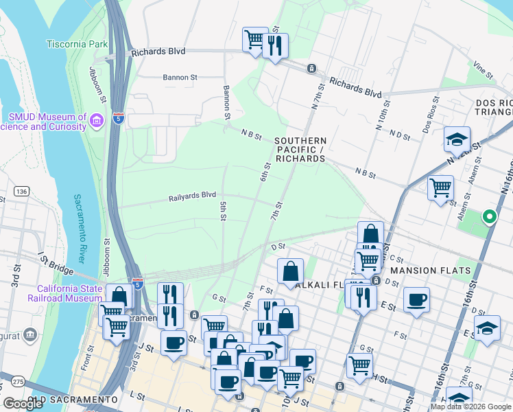 map of restaurants, bars, coffee shops, grocery stores, and more near 7th Street in Sacramento